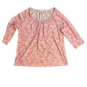 J Jill Blouse Women's Small Pink Tencel Floral 3/4 sleeve Smocked V-Neck Top